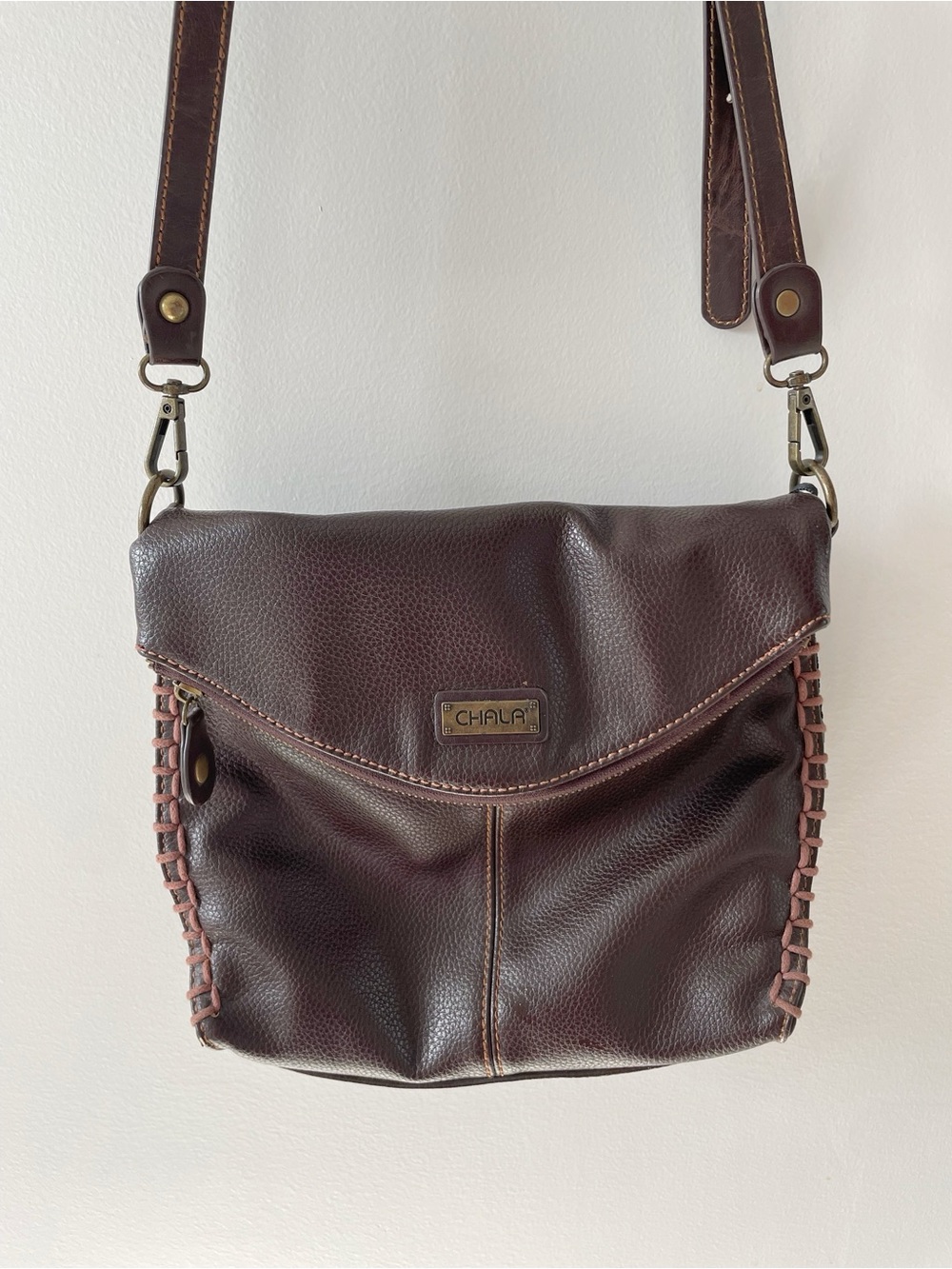 Chala Crossbody Bag Brown Whipstitch Flap Style